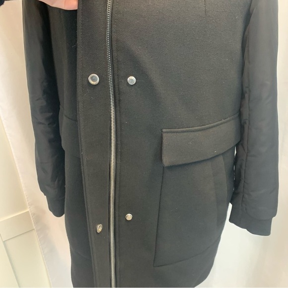 Zara Women’s Black Wool Puffer Sleeve Hooded Fur Zip Peacoat Parka Jacket Sz S - Picture 4 of 14